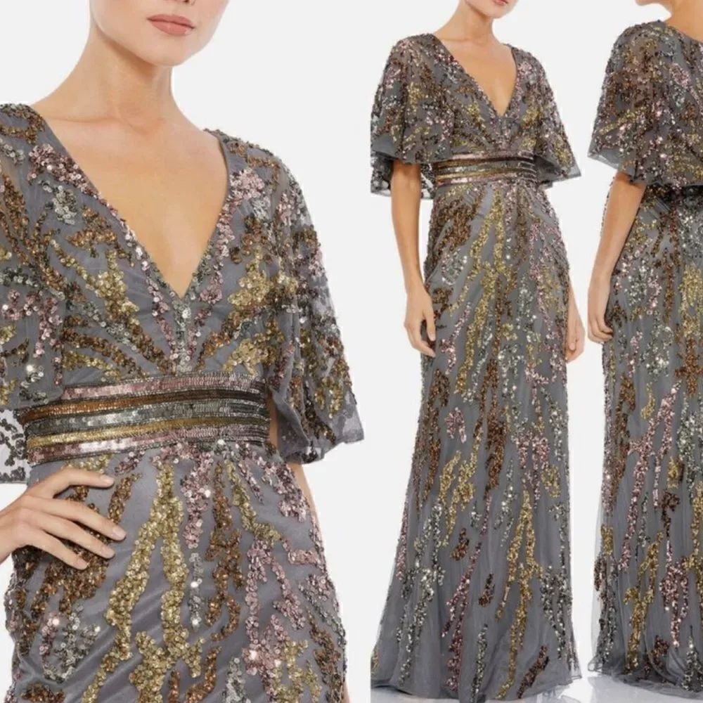 Mac Duggal 5439 Womens Embellished Cape Sleeve Gown Dress